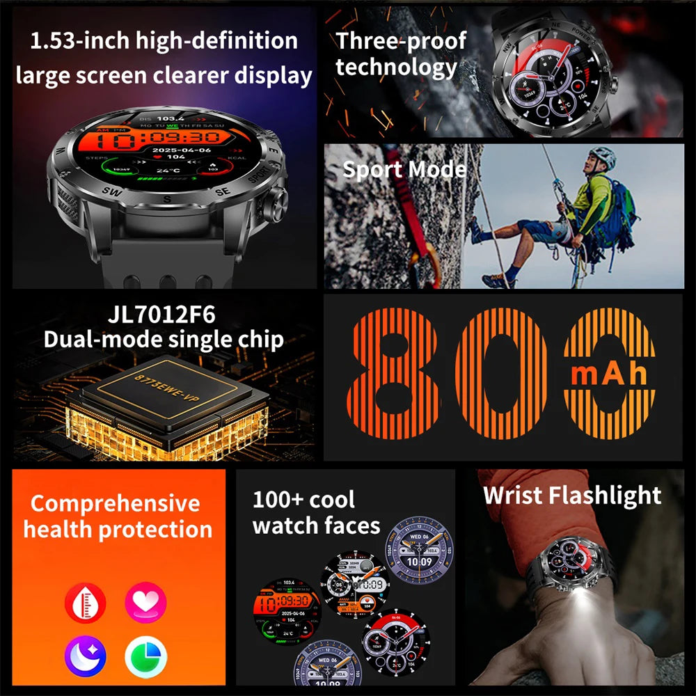 Outdoor Smart Watch – 800mAh Battery, Compass, IP68 Waterproof