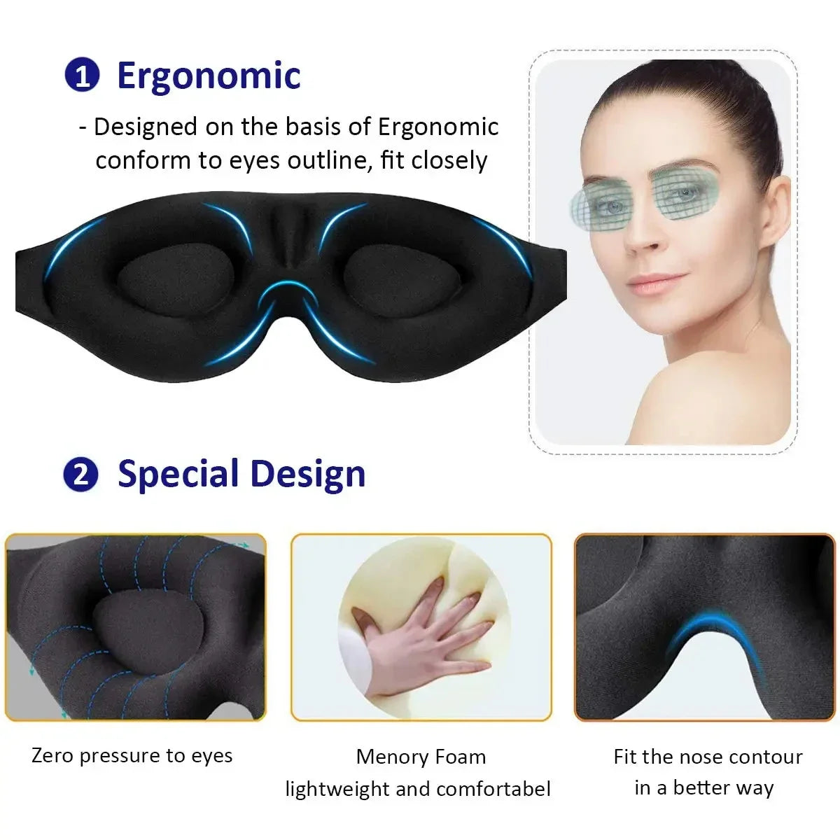 3D Contoured Sleep Mask – Light Blocking Eye Mask for Men & Women