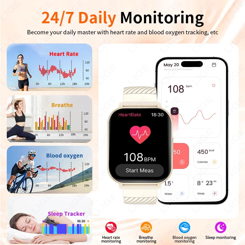 LIGE Smart Watch – 1.83” HD Screen, Bluetooth Call, Fitness Tracker
