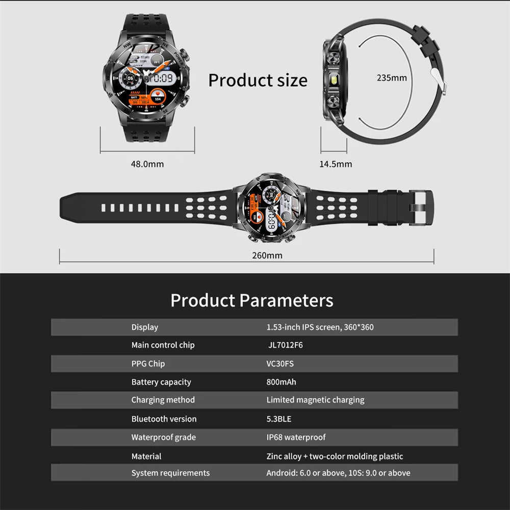 Outdoor Smart Watch – 800mAh Battery, Compass, IP68 Waterproof